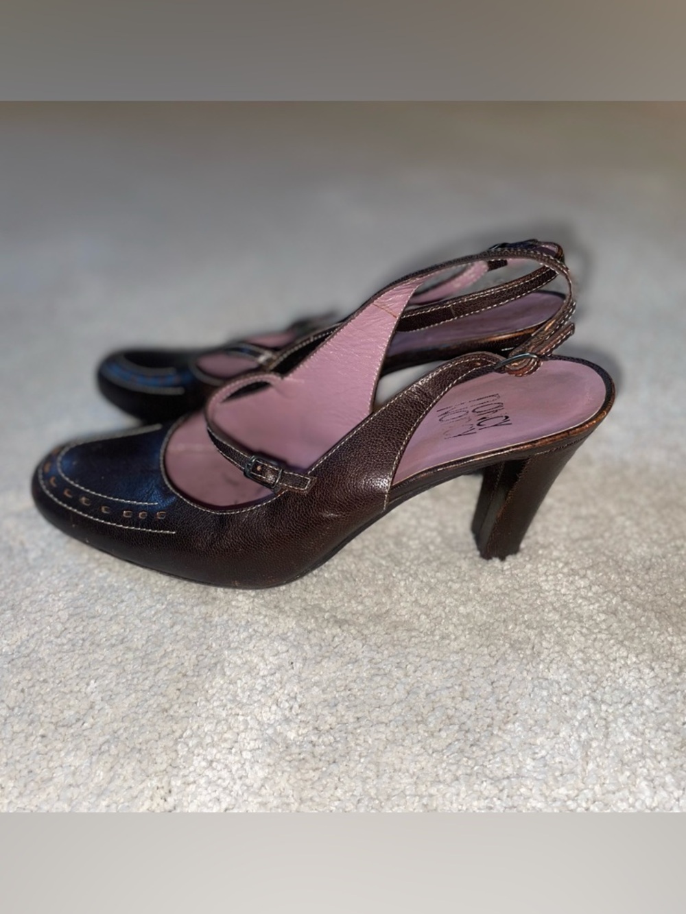 Women's Brown Leather Slingback Mary Jane Heels with Pink Lining